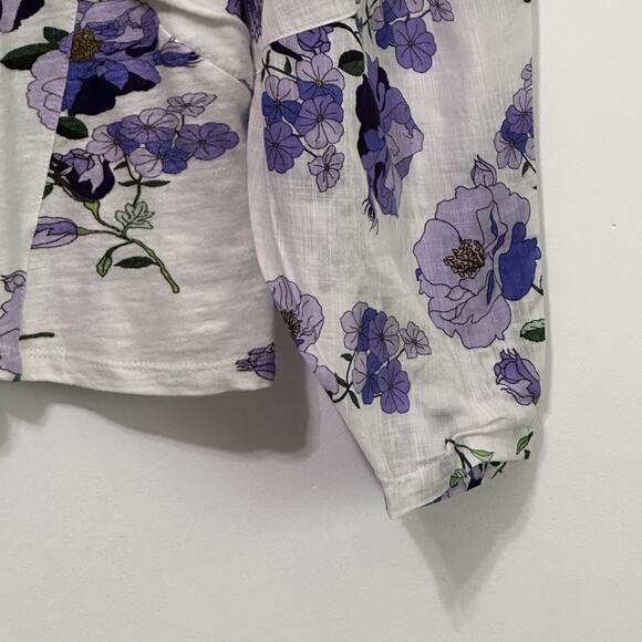 Anthropologie Blouse S V Neck Ruched Purple Floral Ballon Sleeve Boho Summer Top - Picture 2 of 11